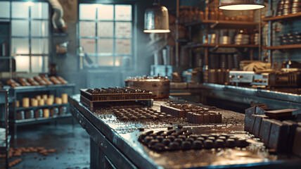 A chocolate workshop creates exquisite treats from tempered cocoa. Bars and truffles are molded and decorated by artisans, offering luxurious indulgences for chocolate lovers.