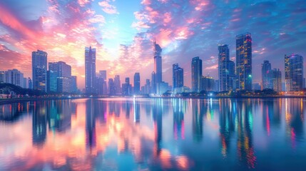 Fototapeta premium A vibrant city skyline reflected in a river at sunset with colorful lights illuminating the buildings