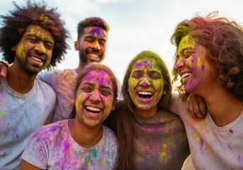 Fototapeta premium Group of young people laughing and enjoying the holi festival, covered in vibrant colors