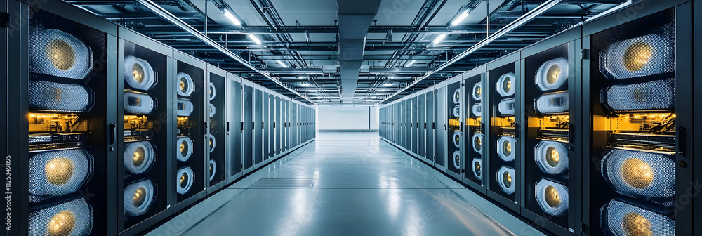 Poster a data center with rows of servers being cooled by sophisticated climate control systems