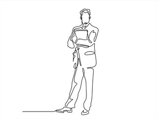 Businessman standing with a folder in his hands. Business concept. Continuous line drawing.	