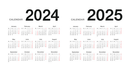 Year 2024 and Year 2025 calendar horizontal vector design template, simple and clean design. Calendar for 2024 and 2025 on White Background for organization and business. Week Starts Monday.
