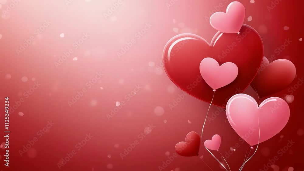 Poster a red background with a bunch of pink hearts floating in the air. the hearts are arranged in a way t