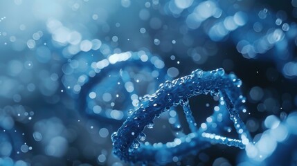 Blue DNA double helix spiral with shimmering light bokeh and bubbles, elegantly displayed on a blue backdrop