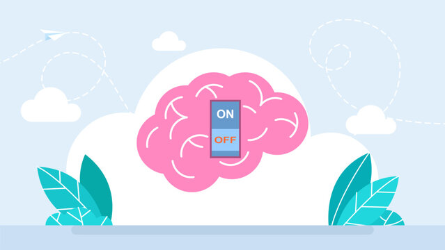 Reduce stress concept, stress management, turning off the switch in the human brain. Brain power switch, turned on working fine, awake. Switch off negative thinking concept. Vector illustration - Powered by Adobe