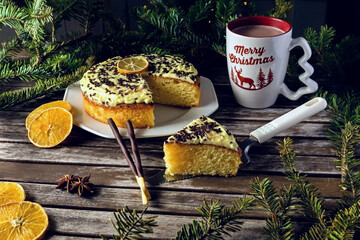 Lemon Cake with Chocolate Crumble and Hot Cocoa in a Romantic New Year's Eve Setting