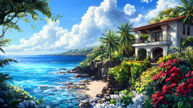Beautiful ocean front property with stunning views of the water and lush tropical landscape, getaway, vacation. Lush. Illustration