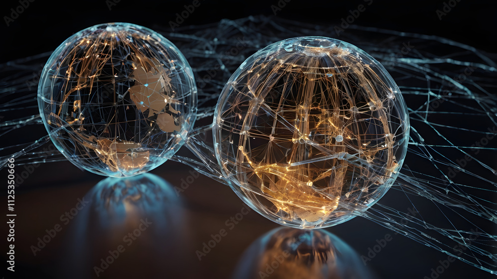 Poster global network connection: two glowing glass globes, intricately connected by a web of light, symbol