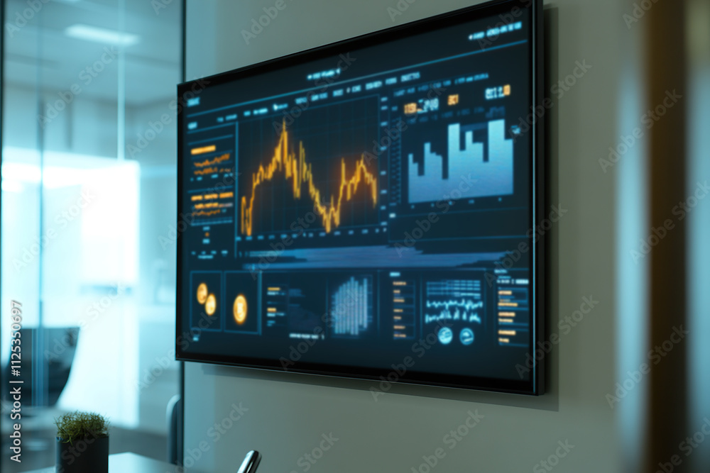 Poster monitor screen with price graphs and candlestick charts, cryptocurrency