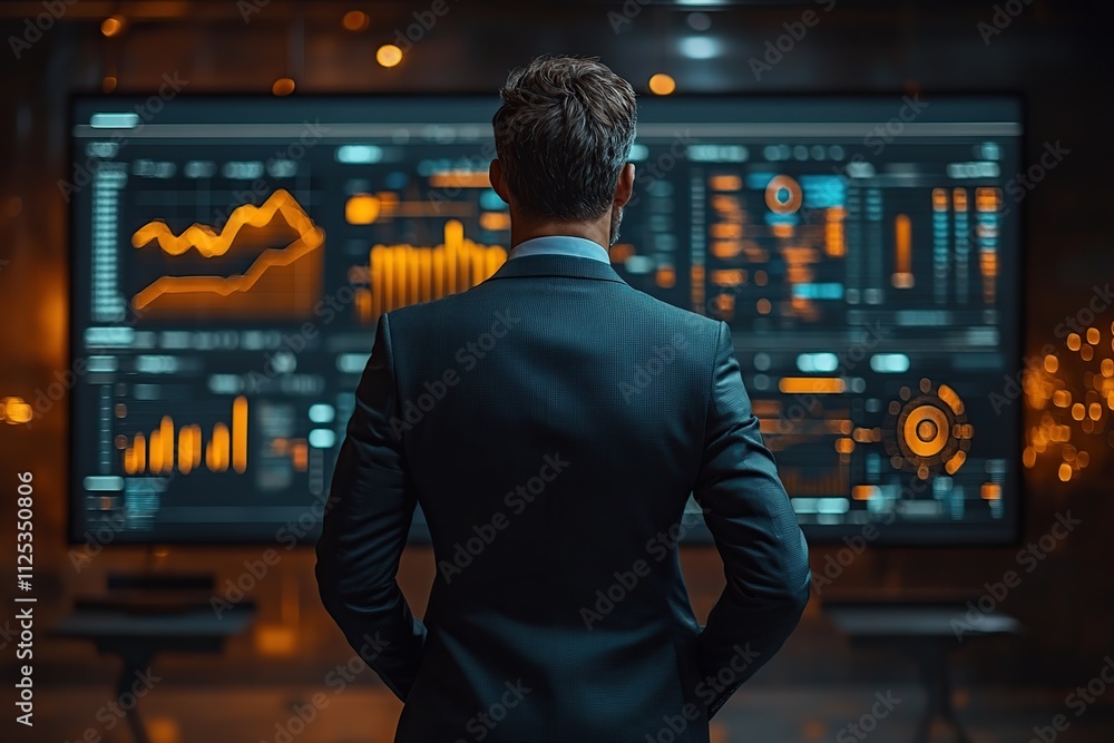 Poster male trader broker analyzing cryptocurrency prices on graphs and candlestick charts on stock market 