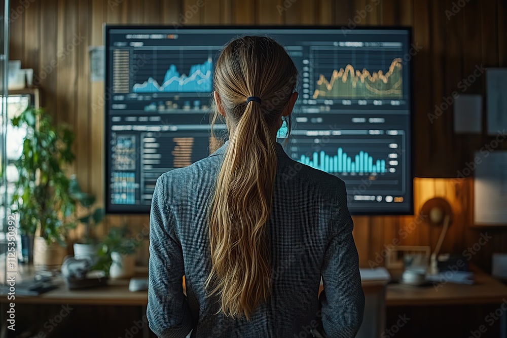 Poster female trader broker analyzing cryptocurrency prices on graphs and candlestick charts on stock marke