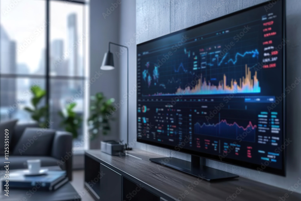 Poster monitor screen with price graphs and candlestick charts, cryptocurrency