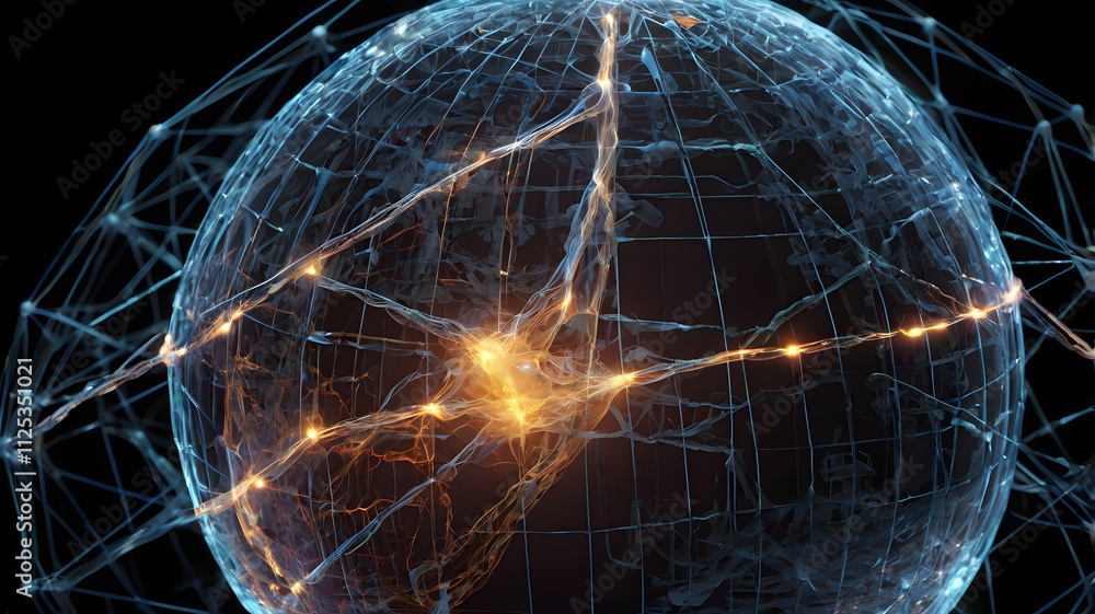 Poster global network: abstract representation of a glowing, interconnected world, symbolizing global commu