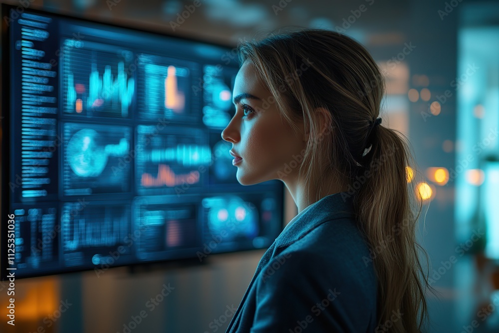 Poster female trader broker analyzing cryptocurrency prices on graphs and candlestick charts on stock marke
