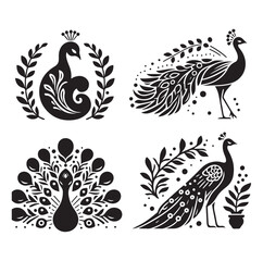 peacock set silhouette vector illustration