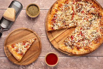 Food photography of pizza with Mozzarella, Cheddar  cheese, Parmesan, Chili, BBQ sauce, Pulled pork, Gourmet, Italian cuisine, Food, Rustic style
