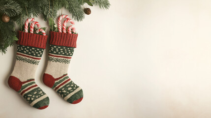 Classic Christmas Stockings Hanging Rustic Background Snowflakes Pine Decorations Red Green Traditional Holiday Celebration Invitation Design Candy Canes banner promotion web card greeting invitation