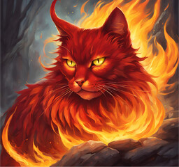 A cat with fur that blazes like living fire. Its body is covered in vibrant orange with streaks of red and yellow that seem to dance with every movement. Its eyes glow like burning embers, radiating w