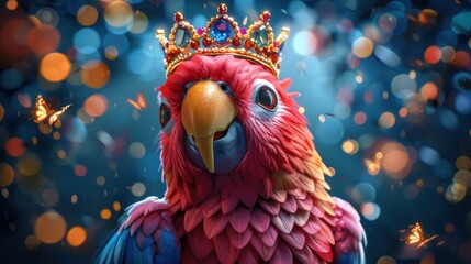 Cartoon bird face with a crown, royal blue background with jewels