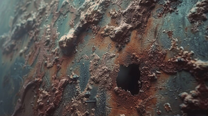 Acid Rain Impact on Metal Corrosion: A close-up of metal corroded by acid rain, representing long-term atmospheric pollution effects.