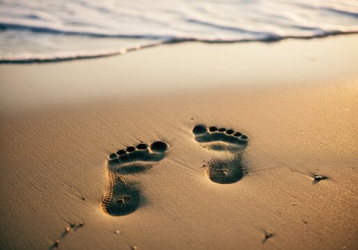 Footprints are fading in the golden sand of a beach as the waves gently wash over the shore at sunset