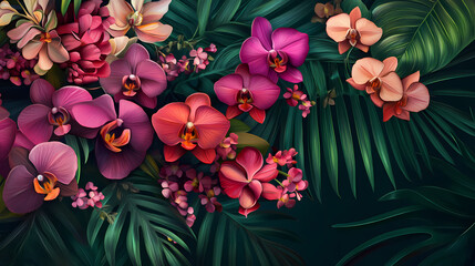 Exotic flower bouquet in a lush tropical garden , orchids, blooms, leaves. Lush. Illustration