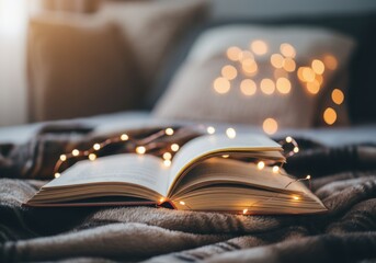 Open book illuminated by warm fairy lights creates a cozy and inviting atmosphere for bedtime reading