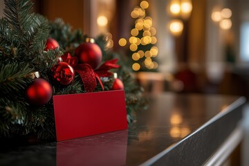 Festive hotel room key card amid holiday decorations for christmas stay design