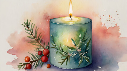 Teal candle with winter greenery and berries, watercolor painting.