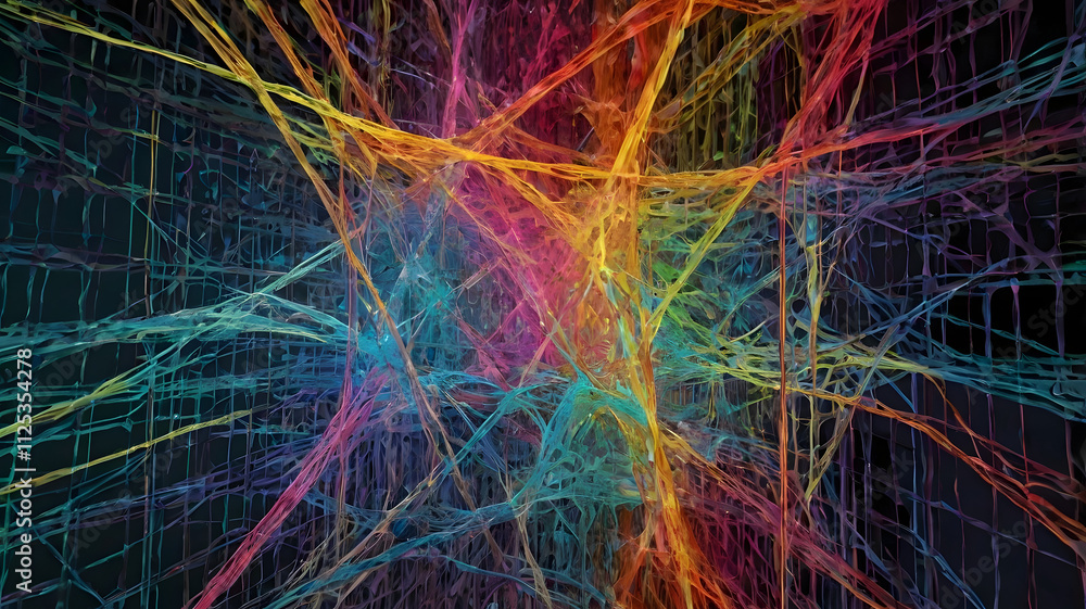 Poster vibrant rainbow neural network: abstract digital art depicting a colorful, complex network of interc