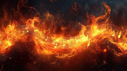 A visually striking explosion of musical notes abstract background with fire on backdrop banner



