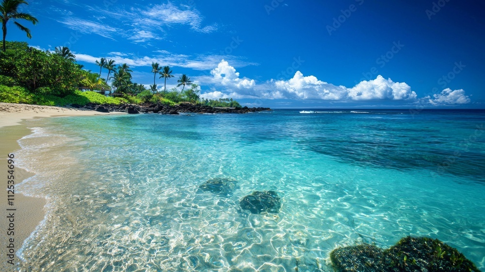 Aufkleber Swaying palm trees frame the pristine shoreline where turquoise waters gently lap against the soft white sands under a clear sky filled with fluffy clouds
