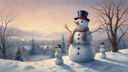 Obraz premium Three snowmen on snowy hilltop at sunset, overlooking winter village.