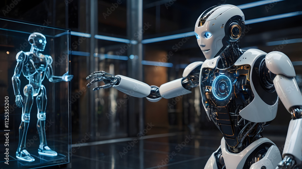 Poster the future is here: an advanced humanoid robot interacts with a digital representation of itself, sh