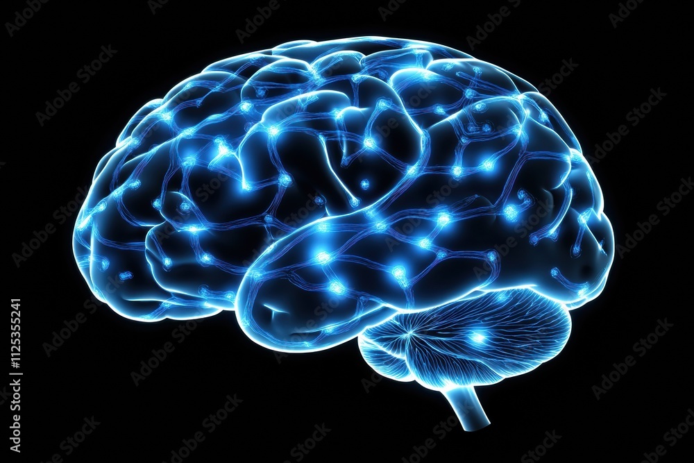 Poster This close-up features a brain with glowing blue neural pathways against a dark background, providing ample space for additional text. Generative AI