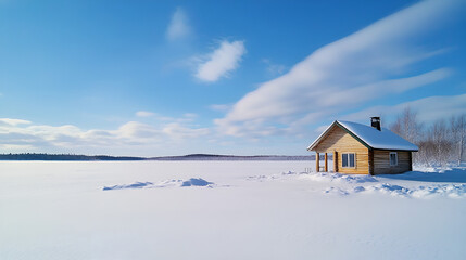 Cozy wooden cabin in a snowy landscape under a blue sky, winter tranquility, copy space
