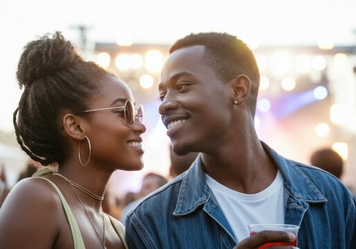 Happy couple enjoying a romantic moment together at an outdoor music festival