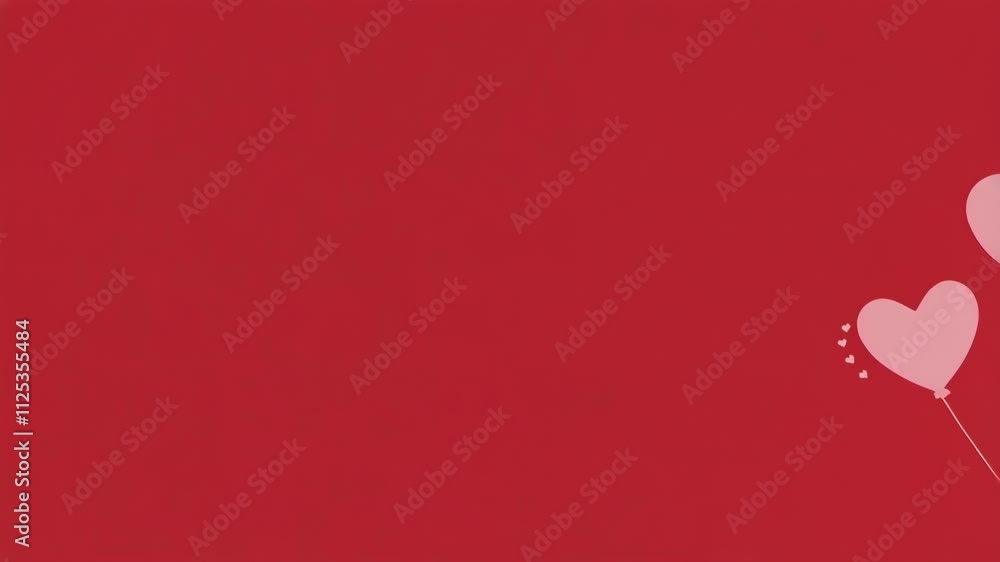 Poster a red background with two hearts on it. the hearts are balloons and are positioned on the right side