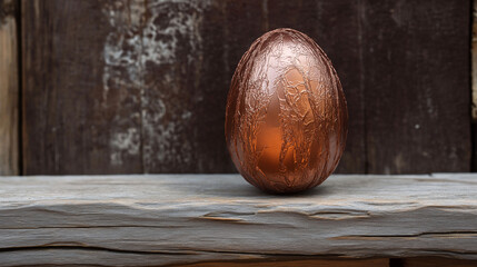 Copper egg resting on a wooden surface with textured background in a rustic setting during daylight