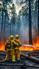 Naklejka premium Two firefighters in yellow protective gear work together to extinguish a wildfire in a dense forest. Surrounded by flames and smoke.