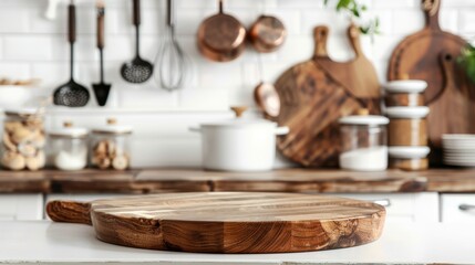 Kitchen podium background for food product. Wooden cutting board against a bright, modern kitchen backdrop. Table pedestal display, wooden platform.
