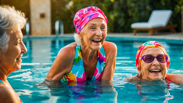 A group of happy senior women laughing and enjoying themselves in a swimming pool. Dressed in colorful swim caps and vibrant bathing suits.