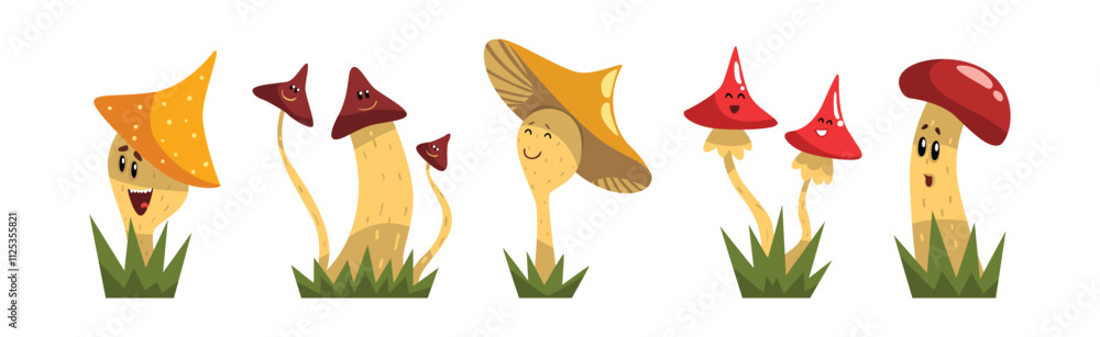 Poster funny mushroom character with smiling face vector set