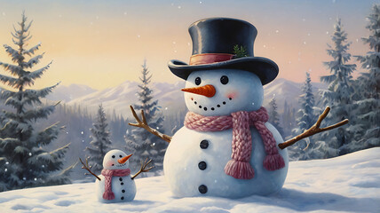 Obraz premium Two snowmen, one large and one small, stand in a snowy mountain landscape at sunset.