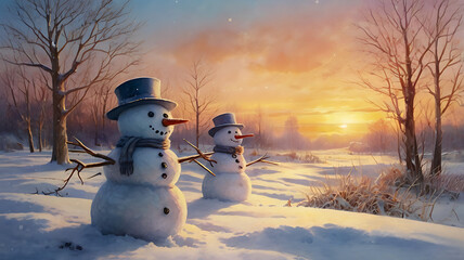 Fototapeta premium Two snowmen stand in a snowy field at sunset.