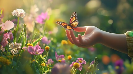 A hand holding a butterfly in a field of flowers