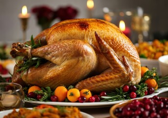 Delicious roasted turkey garnished with herbs and berries is centerpiece of thanksgiving dinner table