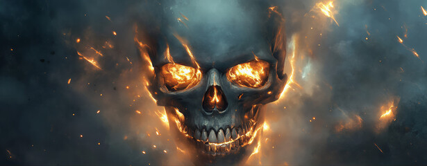 A realistic skull with glowing eyes and light rays emanating from the eye sockets. The background is a dark gray with small details of golden fire in the air, and swirling smoke surrounds the skull. 
