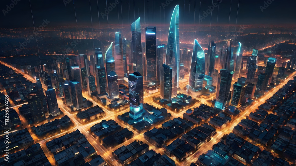 Poster cyberpunk metropolis: a futuristic city skyline illuminated by neon lights and digital data streams,