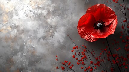 Anzac Day poppy design symbolizes Remembrance Day, set against a grey background. Featuring elements like a red poppy, military themes, and historical references to November 11


